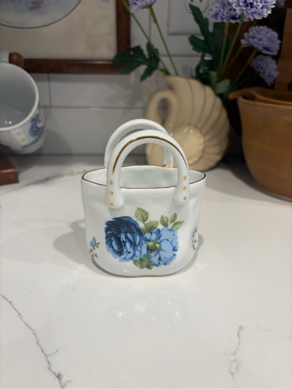 Blue Floral Ceramic Handbag Figurine - Women Bags